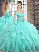 Aqua Blue Quinceanera Gown Organza Brush Train Sleeveless Beading and Ruffles