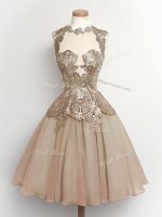 Brown High-neck Neckline Lace Quinceanera Court of Honor Dress Sleeveless Lace Up