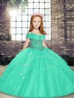 Tulle Straps Sleeveless Lace Up Beading Pageant Gowns For Girls in Aqua Blue