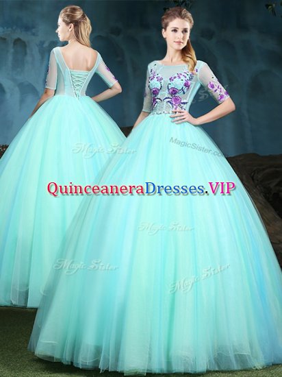 Chic Scoop Apple Green Half Sleeves Floor Length Appliques Lace Up Quinceanera Gown - Click Image to Close