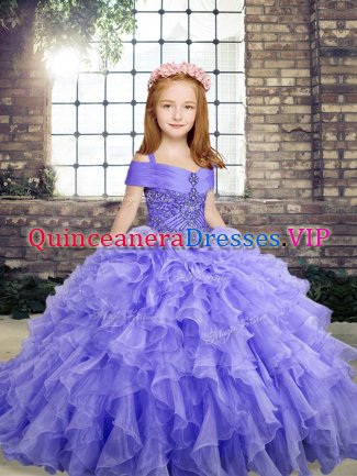 Lavender Sleeveless Organza Lace Up Little Girl Pageant Gowns for Party and Military Ball and Wedding Party