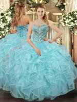 Aqua Blue Ball Gowns Beading and Ruffled Layers Quince Ball Gowns Lace Up Tulle Sleeveless Floor Length