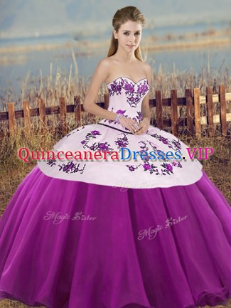 Floor Length Lace Up Sweet 16 Quinceanera Dress White And Purple for Military Ball and Sweet 16 and Quinceanera with Embroidery and Bowknot