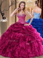 Fuchsia Organza Lace Up Quince Ball Gowns Sleeveless Floor Length Beading and Pick Ups