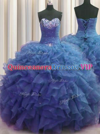 High Class Beaded Bust Blue Lace Up Sweetheart Beading and Ruffles Sweet 16 Dress Organza Sleeveless