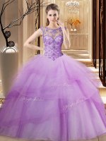 Scoop Sleeveless Beading and Ruffled Layers Lace Up Vestidos de Quinceanera with Lilac Brush Train