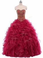 Sophisticated Wine Red Organza Lace Up Quinceanera Gowns Sleeveless Floor Length Beading and Ruffles