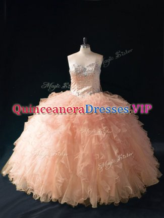 Peach Sweetheart Neckline Beading and Ruffles 15th Birthday Dress Sleeveless Lace Up